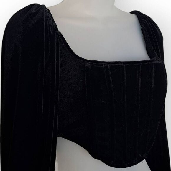 Missguided Women’s Black Velvet Puff Sleeve Corset Crop Top size 4 US - Picture 4 of 8